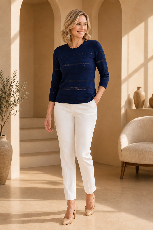 Jumper navy textured round neck with 3/4 sleeve