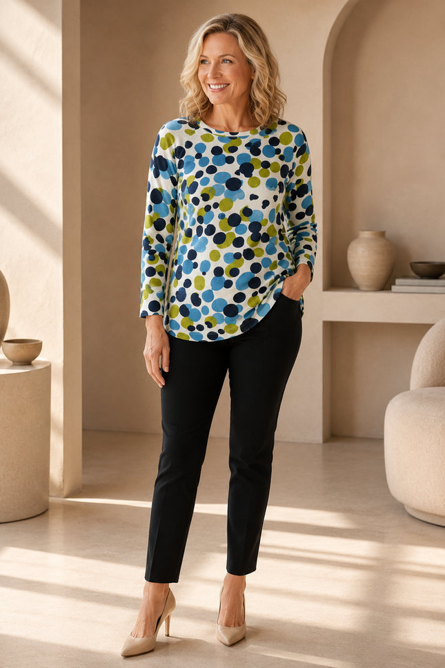 Jumper white multi spot round neck with 3/4 sleeve