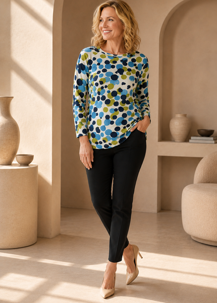 Jumper white multi spot round neck with 3/4 sleeve