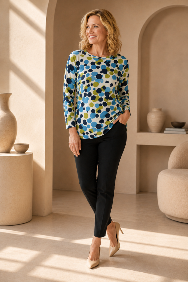 Jumper white multi spot round neck with 3/4 sleeve
