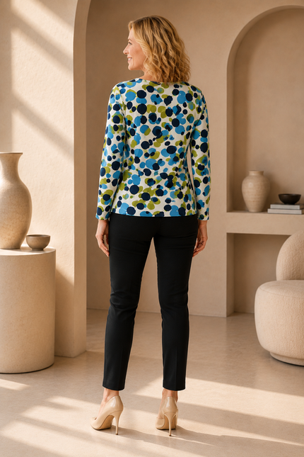 Jumper white multi spot round neck with 3/4 sleeve