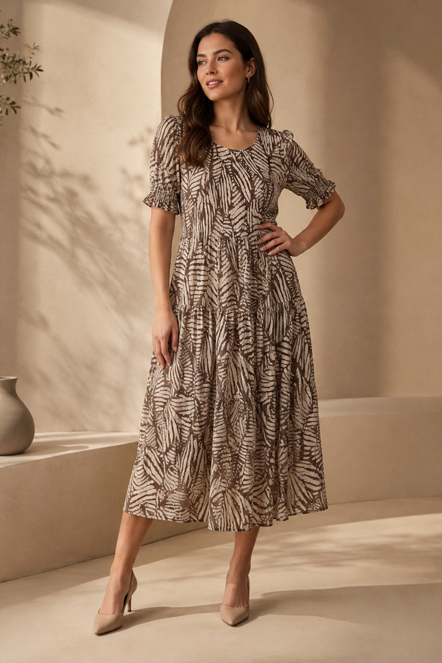 Dress Abstract Print Crinkle  With Shorts Sleeve