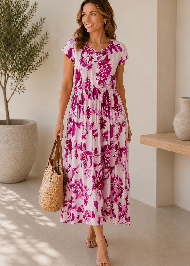 Dress Cerise Flower Print  With Cap Sleeve