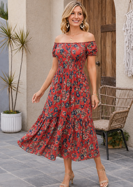 Dress floral print gathered neckline cap sleeve
