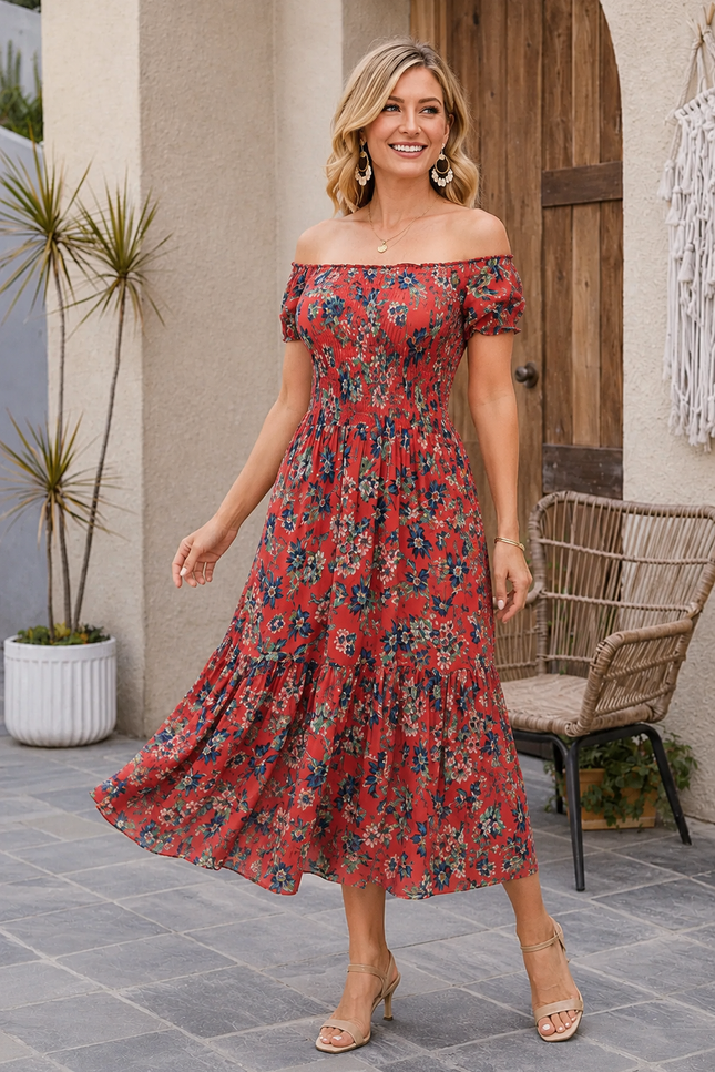 Dress floral print gathered neckline cap sleeve