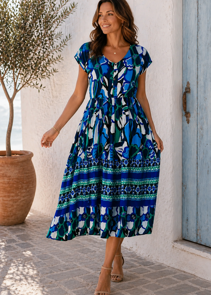 Dress Flower Print  With Button Placket