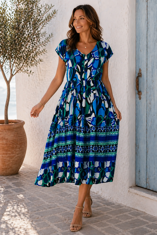 Dress Flower Print  With Button Placket