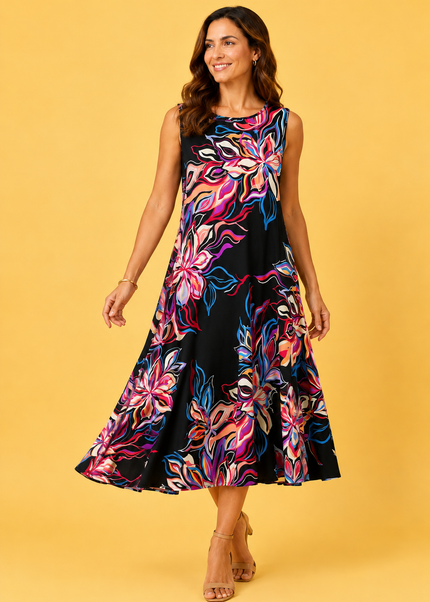 Dress flower print round neck