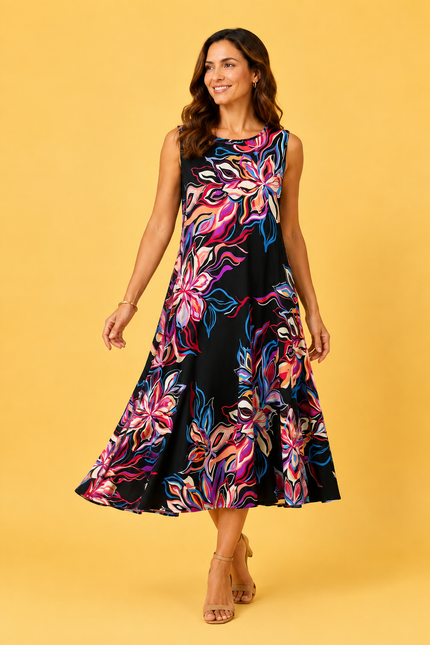 Dress flower print round neck