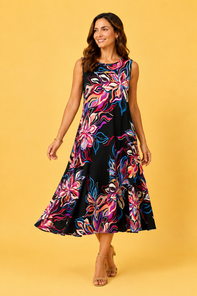 Dress flower print round neck