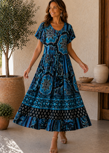 Dress Bold Border Print  With Short Sleeve