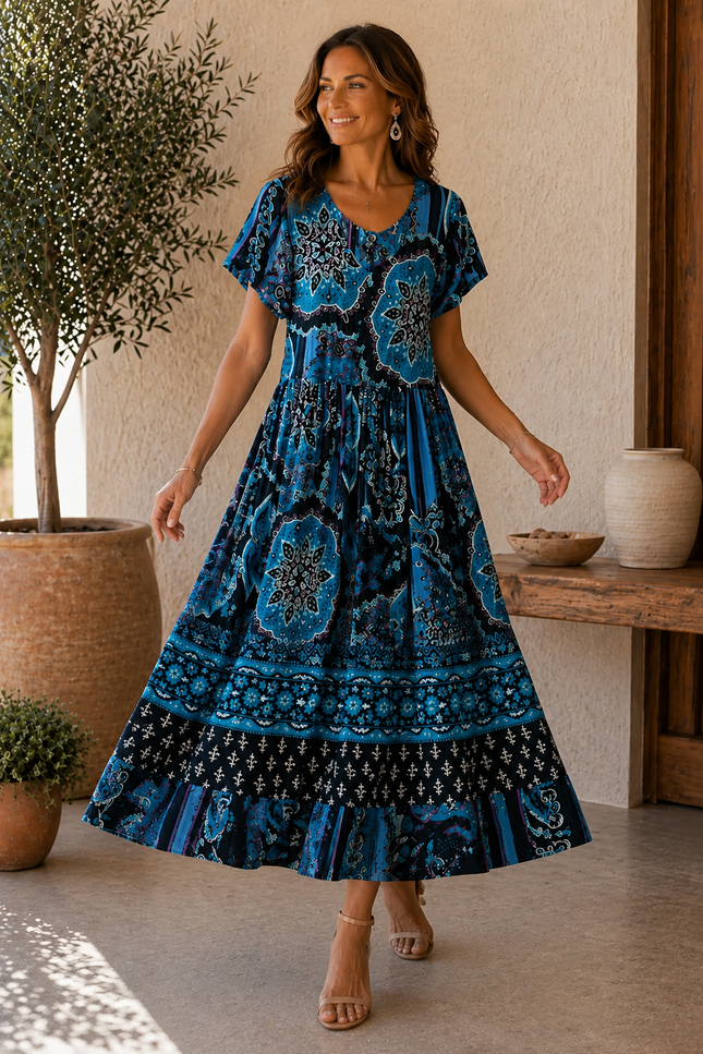 Dress Bold Border Print  With Short Sleeve