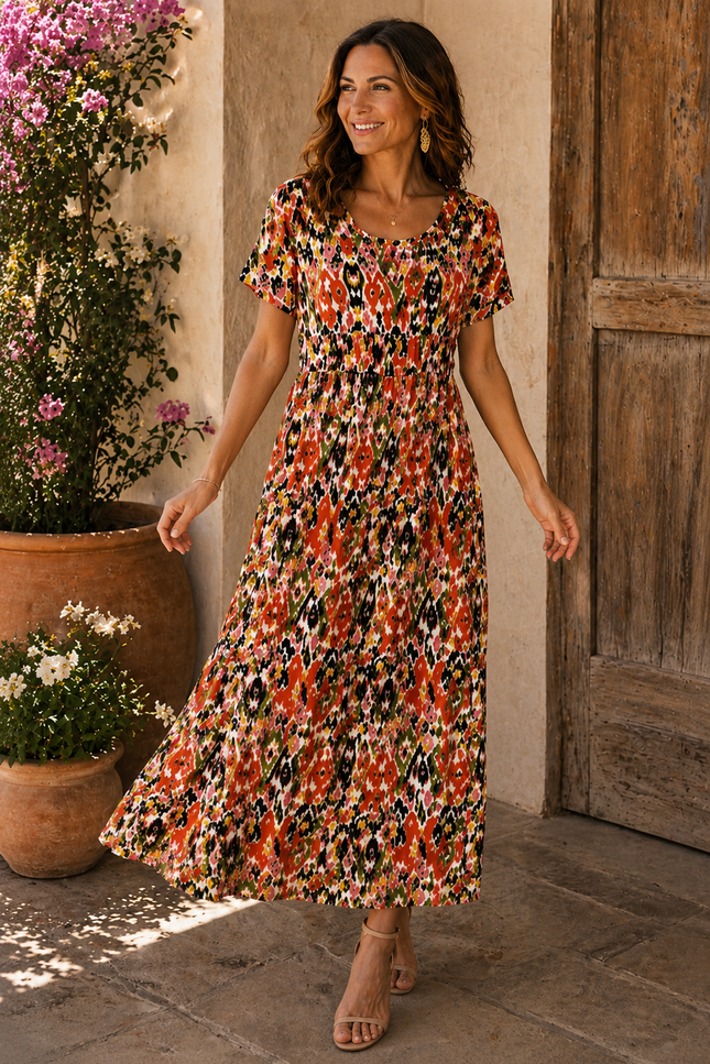 Dress Printed Crinkle Smocked  With Short