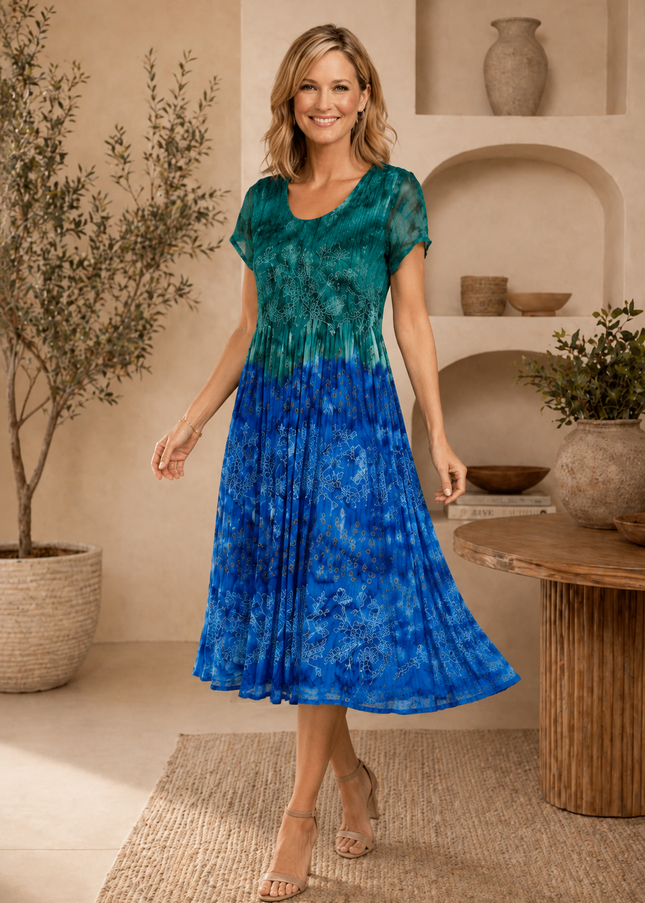 Dress Print Tie Dye Round Neck  With Embr