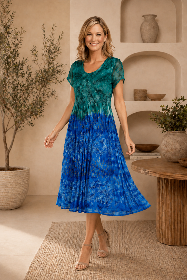 Dress Print Tie Dye Round Neck  With Embr