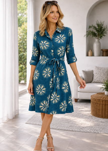 Dress flower print shirt with mid sleeve.