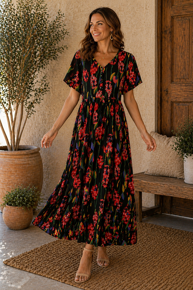Dress Floral Print Crinkle  With Short Sleeve