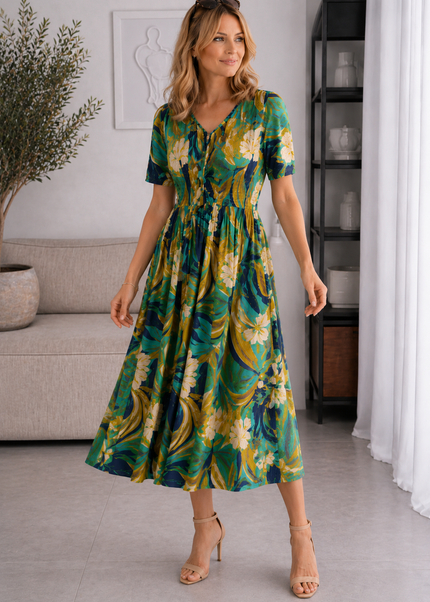 Dress Tropical Print Crinkle  Short Sleeve