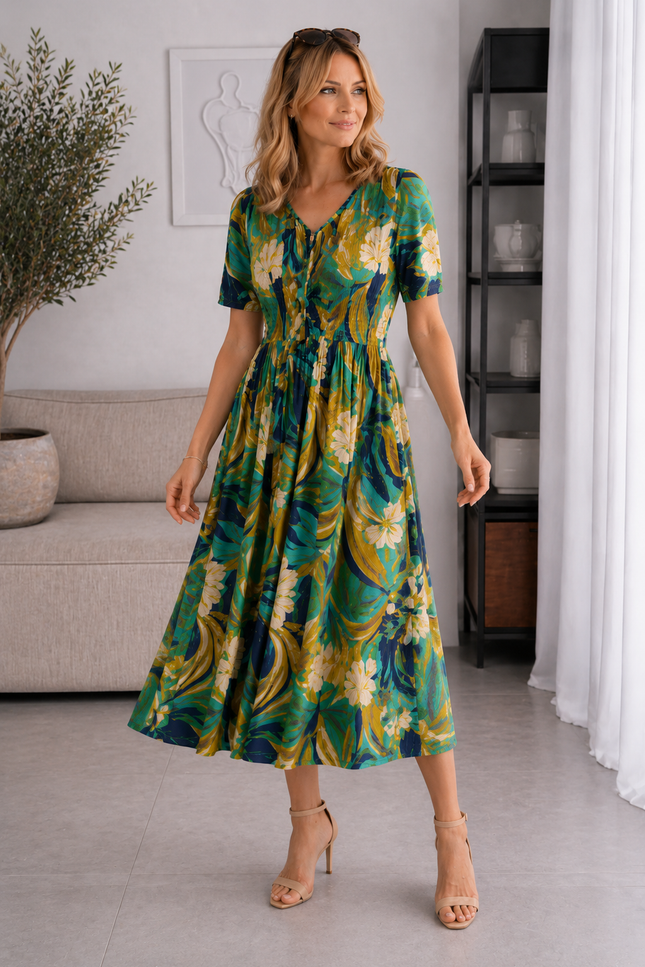Dress Tropical Print Crinkle  Short Sleeve