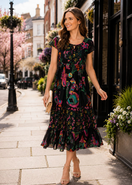 Dress floral border print round neck with