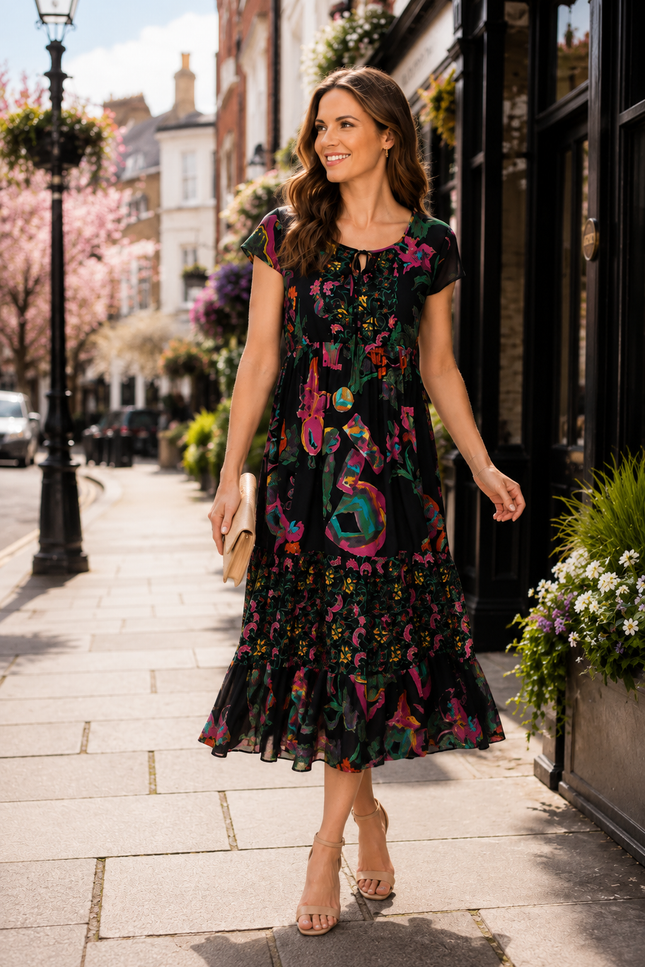 Dress floral border print round neck with