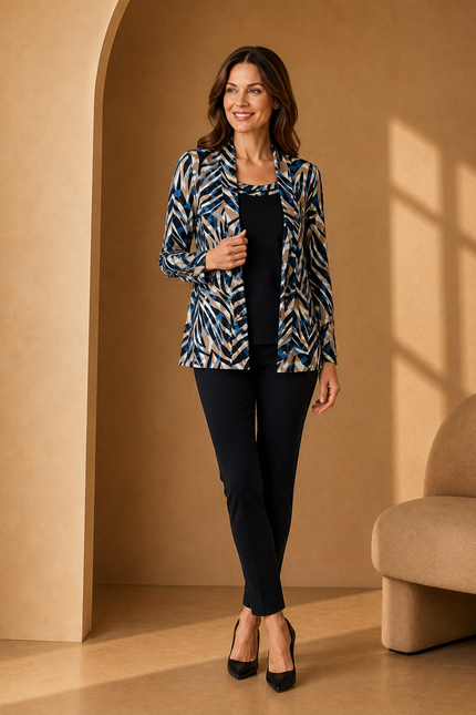 Mock cardigan teal swirl print with insert and 3/4 sleeve