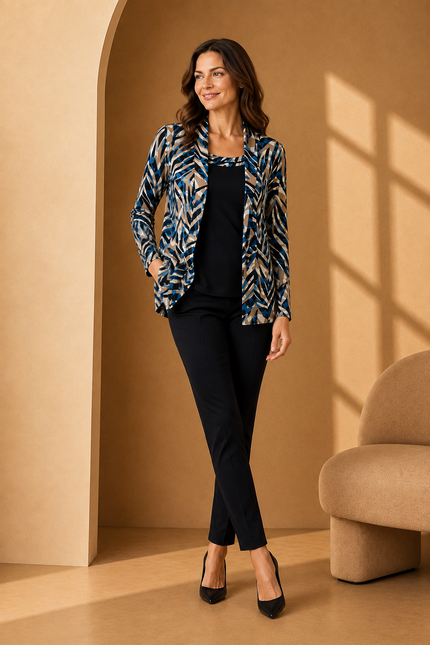 Mock cardigan teal swirl print with insert and 3/4 sleeve