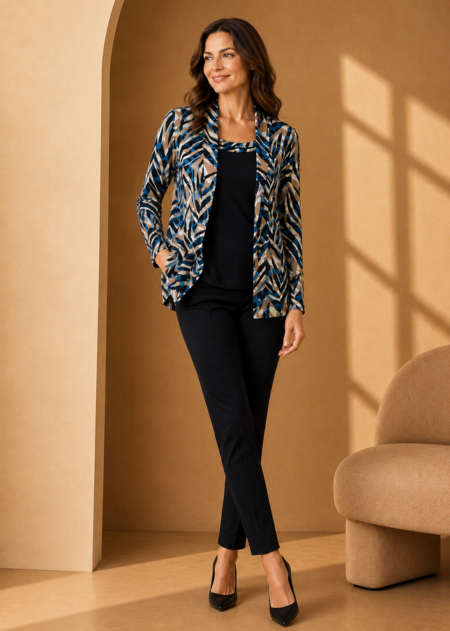 Mock cardigan teal swirl print with insert and 3/4 sleeve