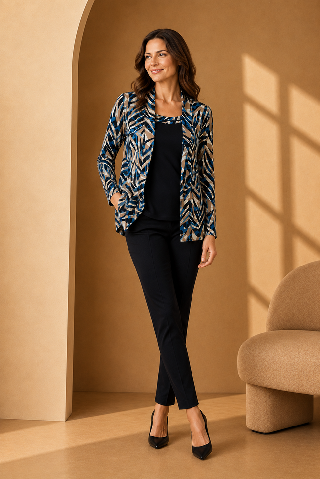 Mock cardigan teal swirl print with insert and 3/4 sleeve