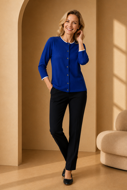 Cardigan contrast edge to edge round neck 3/4 sleeve