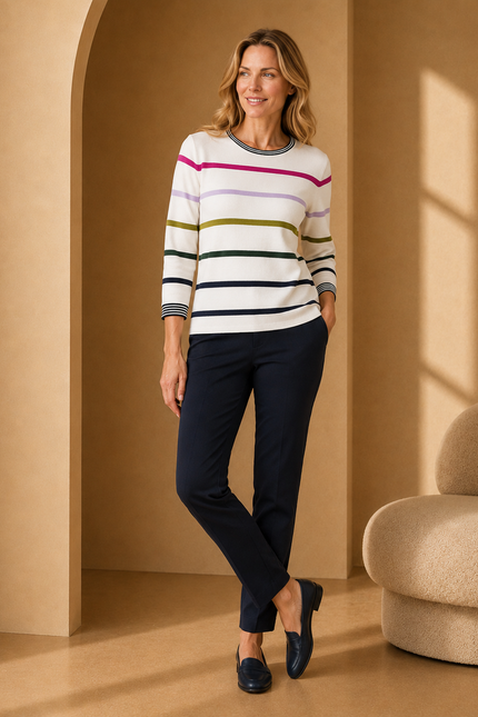 Jumper multi stripe contrast round neck 3/4 sleeve