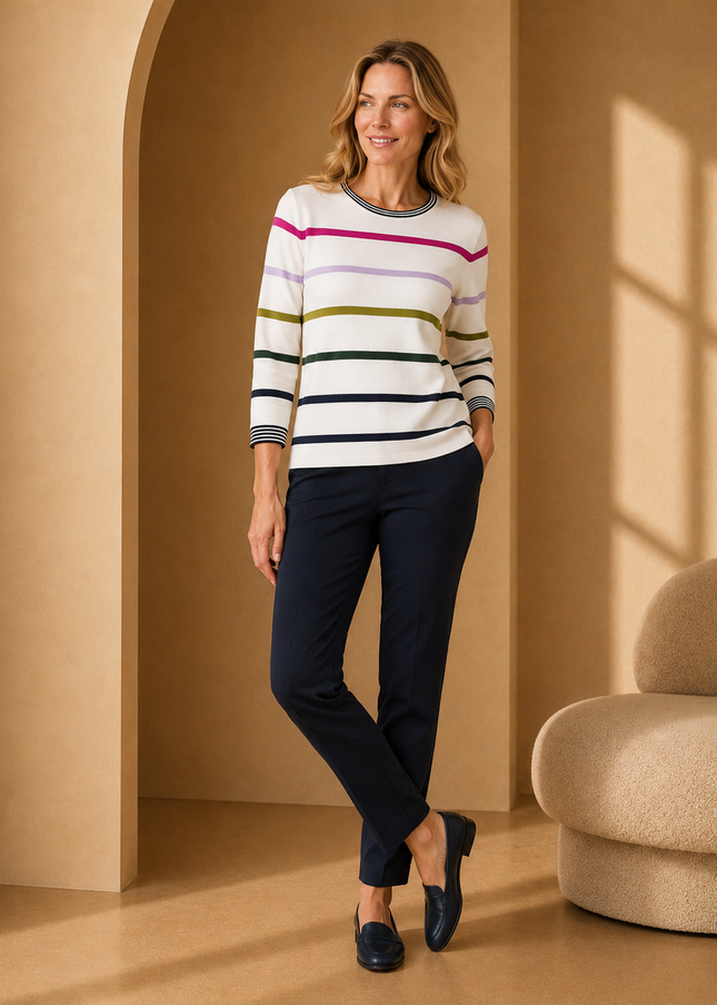 Jumper multi stripe contrast round neck 3/4 sleeve