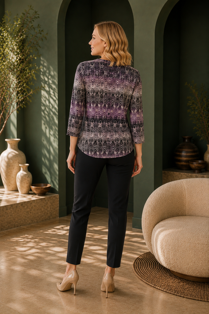 Top purple zig zag print with button placket
