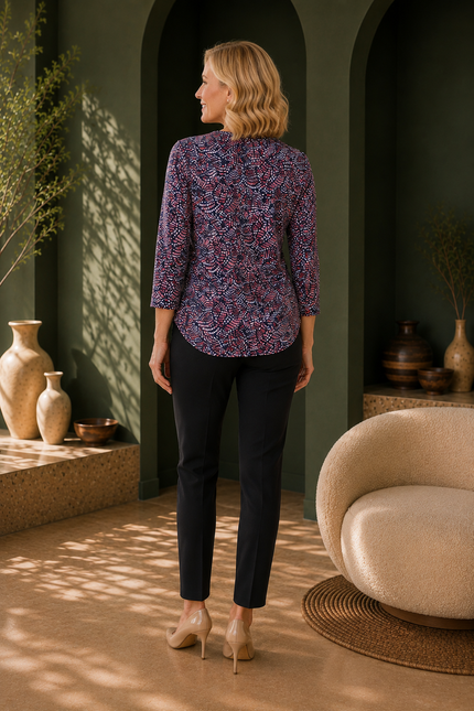Top red print with button placket 3/4 sleeve
