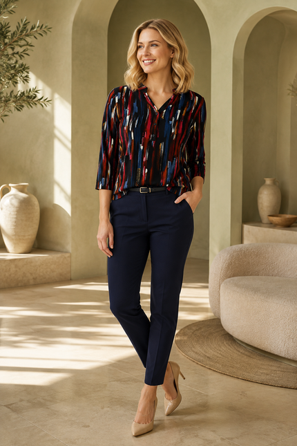 Top cerise multi brushstroke print 3/4 sleeve