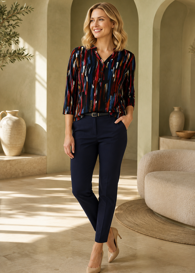 Top cerise multi brushstroke print 3/4 sleeve