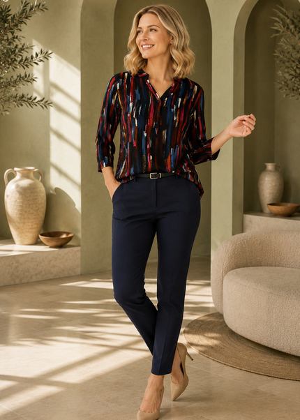 Top cerise multi brushstroke print 3/4 sleeve