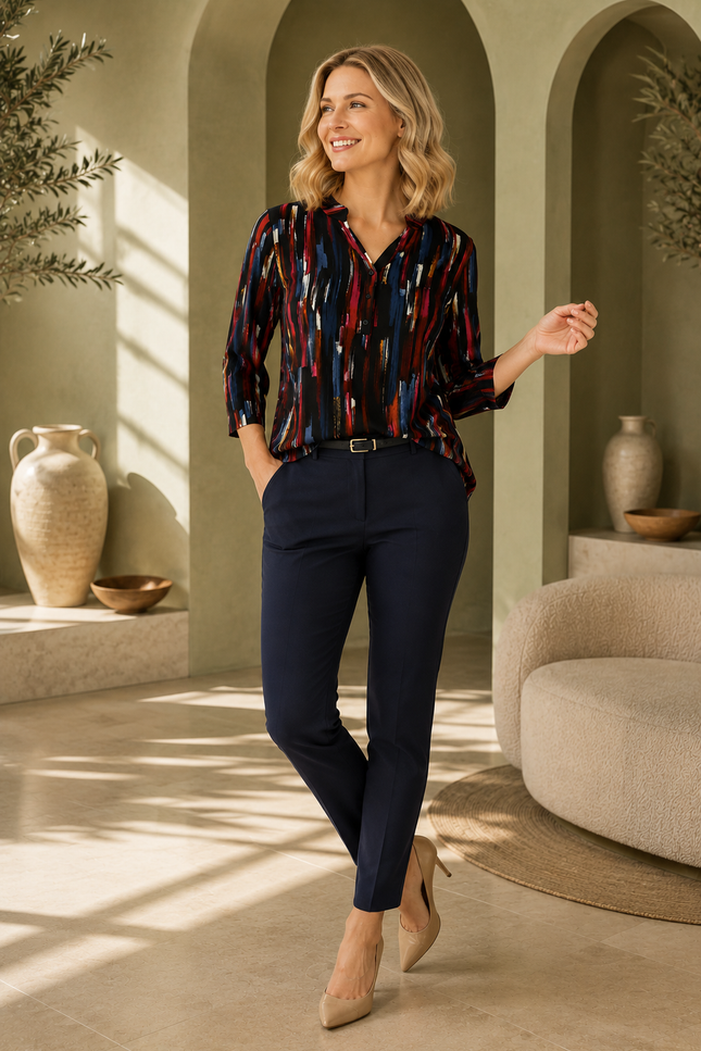 Top cerise multi brushstroke print 3/4 sleeve
