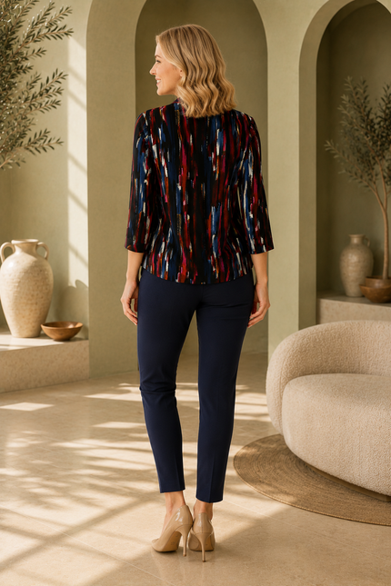 Top cerise multi brushstroke print 3/4 sleeve