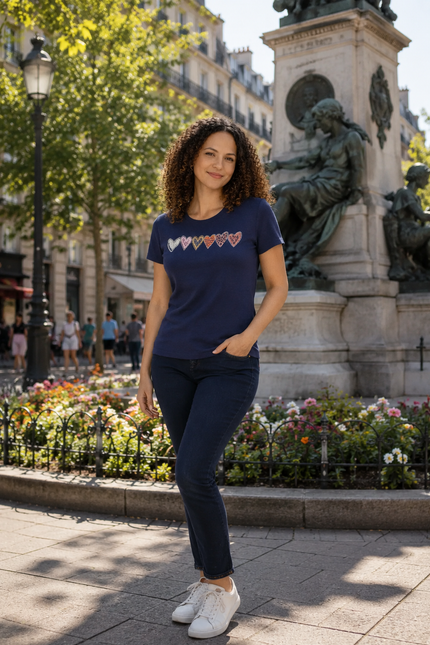 T-Shirt Heart Print Round Neck  Short Sleeve