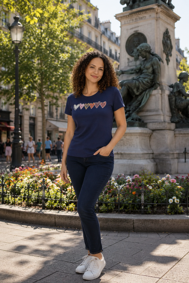 T-Shirt Heart Print Round Neck  Short Sleeve