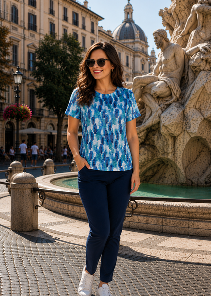 T shirt blue multi abstract print round neck