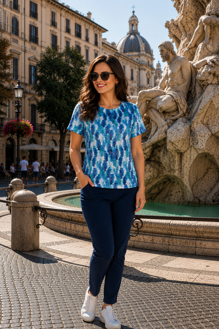 T shirt blue multi abstract print round neck
