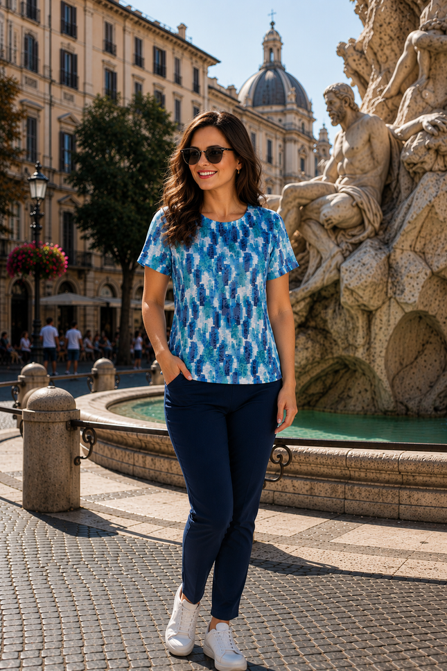 T shirt blue multi abstract print round neck