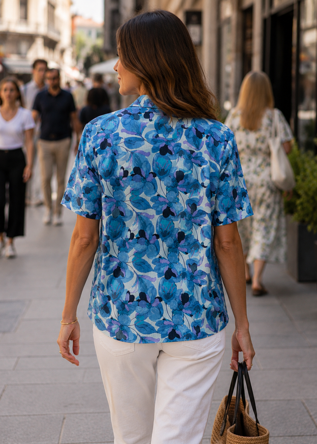Blouse Blue Flower Print  V-Neck Short Sleeve