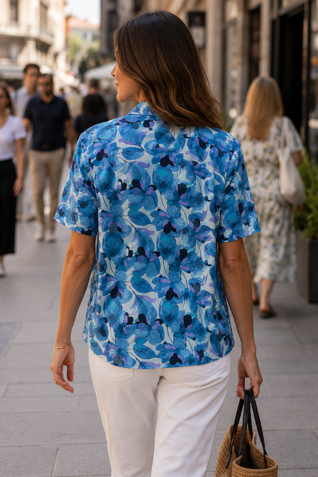 Blouse Blue Flower Print  V-Neck Short Sleeve