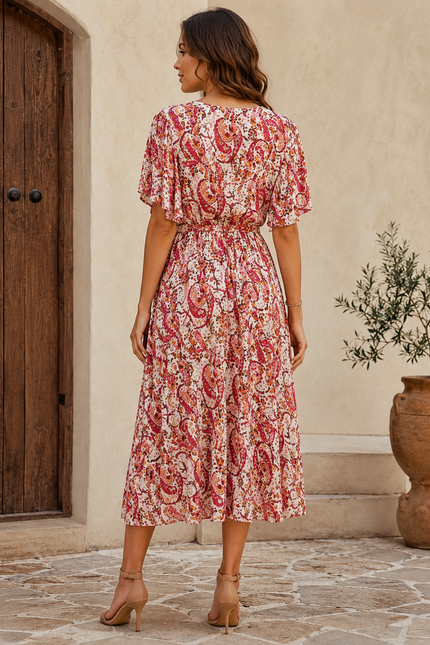 Dress Pink Paisley V-Neck  With Button