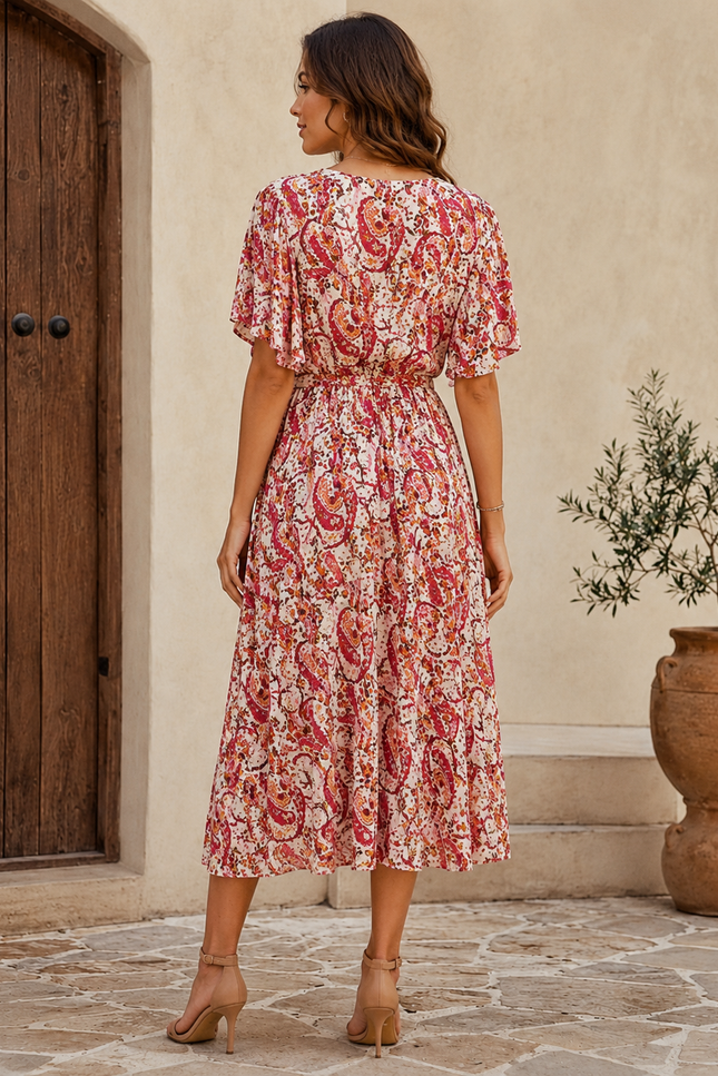 Dress Pink Paisley V-Neck  With Button