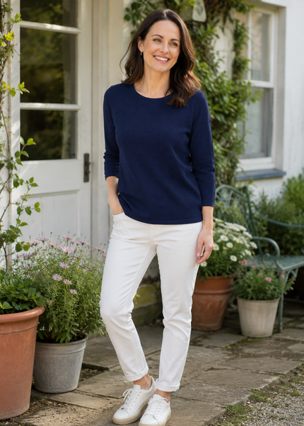 Jumper Navy textured spot with 3/4 sleeve