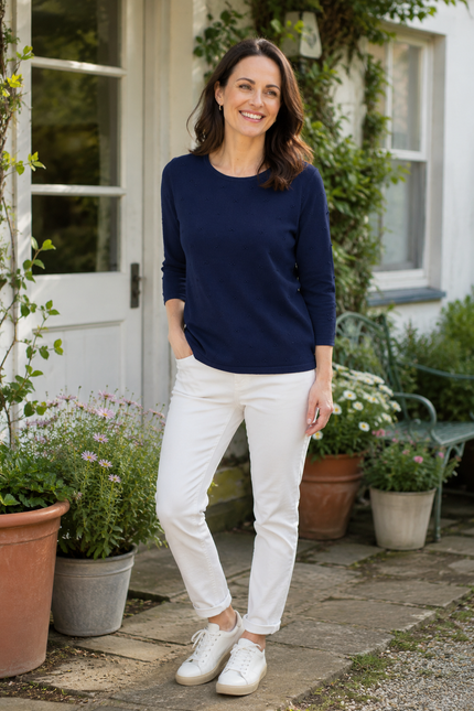 Jumper Navy textured spot with 3/4 sleeve